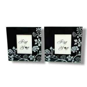 Set of 2 New Photo Glass Coasters 3.5" Square Black Floral